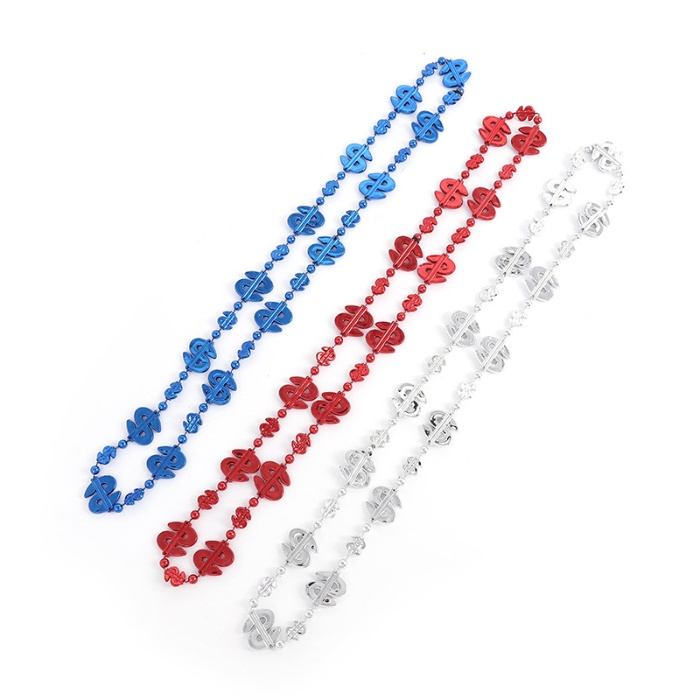Patriotic Dollar Sign Beaded Necklaces – Red, Blue & Silver Party Jewelry for Independence Day & Festivals