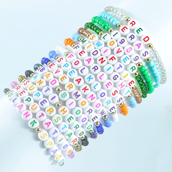 Boho Letter & Number Beaded Bracelet Set – Colorful Polymer Clay Stackable Jewelry for Women & Teens