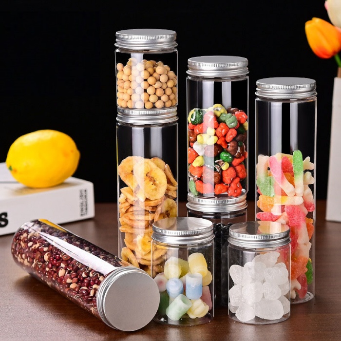 Clear PET Food Storage Jars with Thick Aluminum Lids – Wide Mouth Airtight Containers for Snacks, Nuts & Pantry Goods