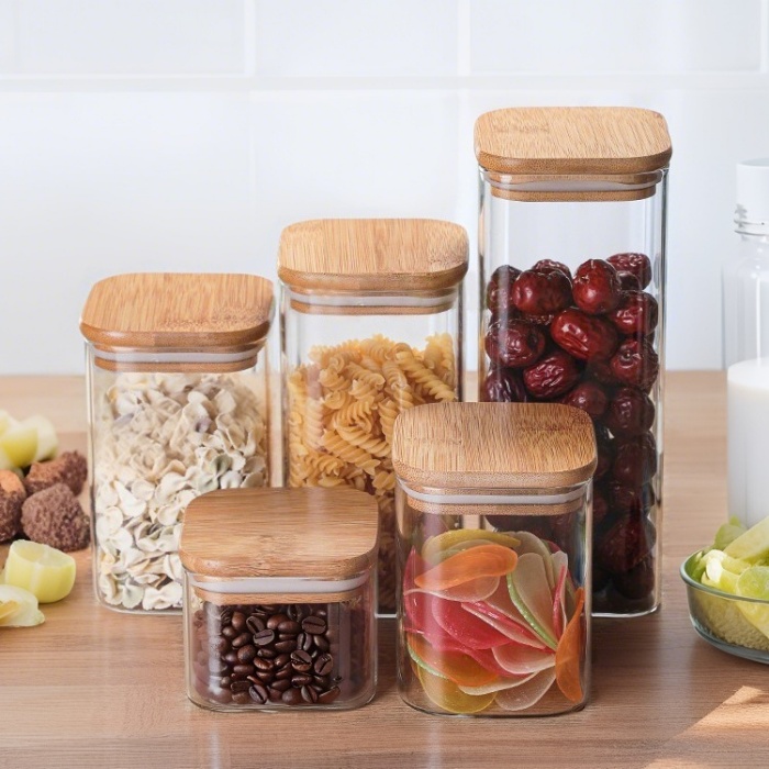 Square Borosilicate Glass Storage Jar with Wooden Lid – Airtight Container for Coffee, Tea, Grains & Kitchen Organization